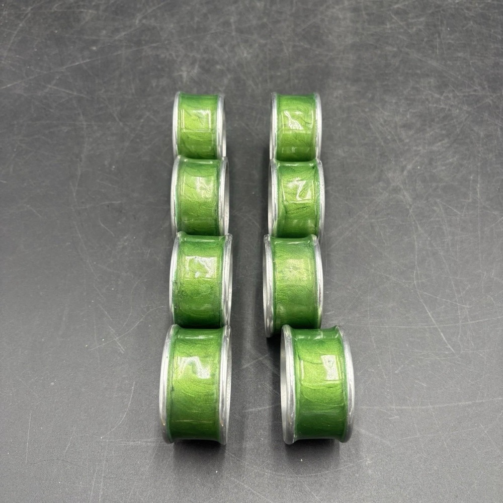 Vtg Set Of 8 Bright Green Enamel Brass Napkin Rings India